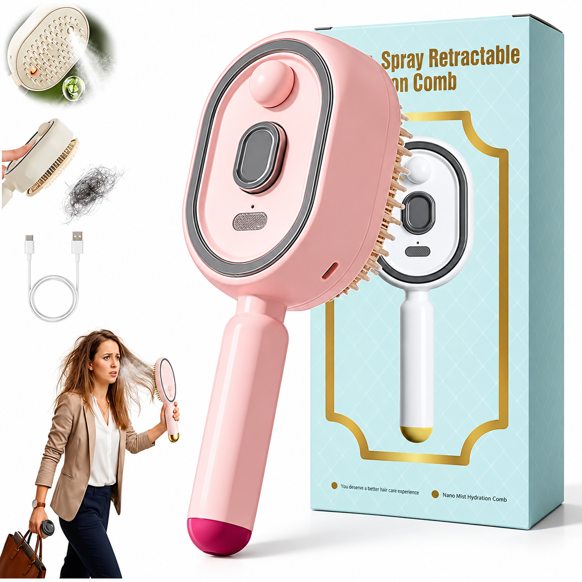 Electric Nano Mist Hair Brush - Product and Package